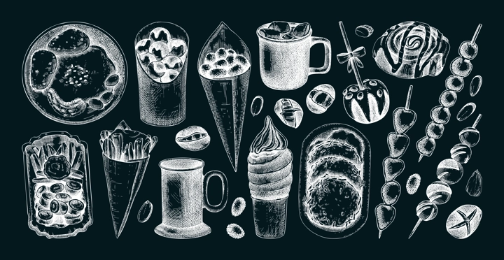 Traditional European Christmas market food sketches collection. Fast food menu design elements. Hand-drawn vector illustration on chalkboard. Bakery, pastry, sweets, grilled meat, hot drinks sketches.
